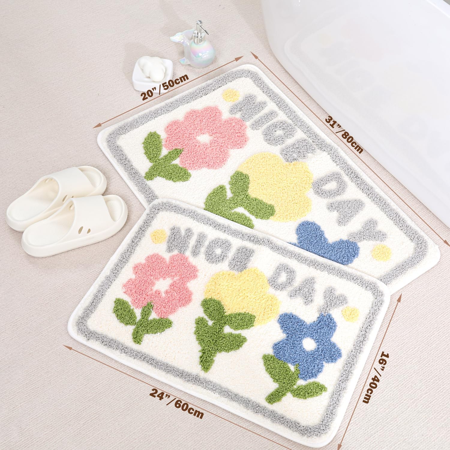 Absorbent Bath Rugs Mat - Extra Thick Bathroom Rug, Non-Slip Soft Plush Mat for Bathroom and Bedroom, Machine Washable, Nice Flowers, 20" x 31" (50 x 80 cm)