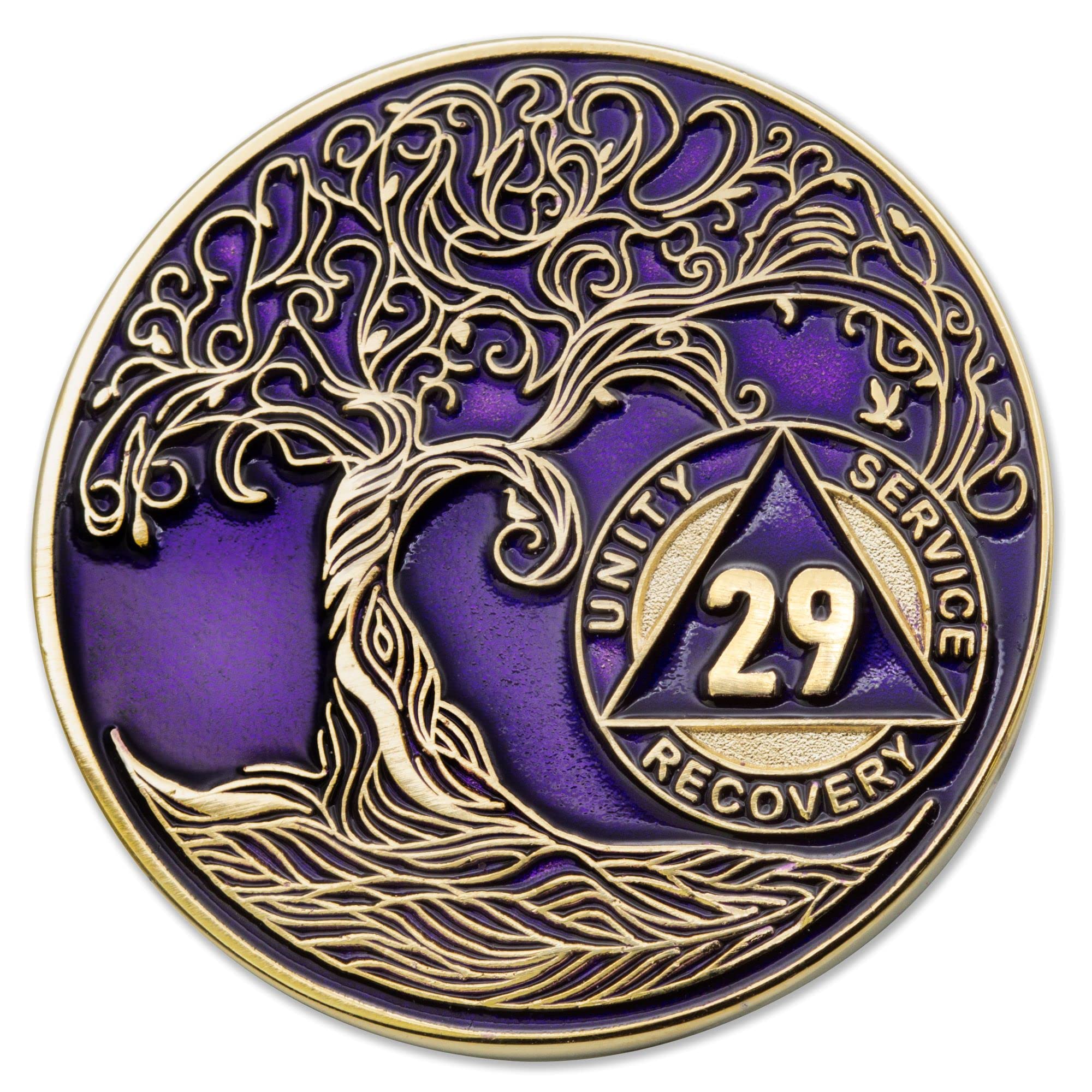 1 to 50 Year Twisted Tree of Life Sobriety Coin - Gold Plated AA Chips &amp; Medallions - 29 Year Sobriety Coin - Purple