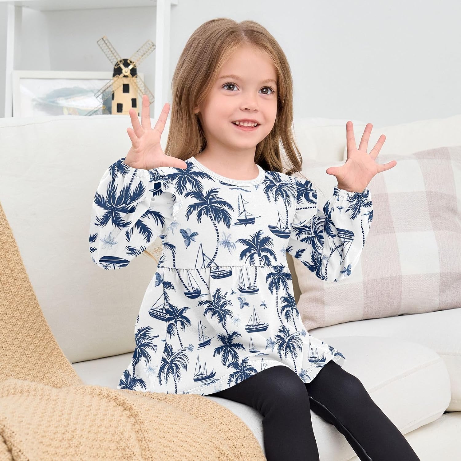 visesunny Toddler Clothes for Girls Palm Tree Boat Long Sleeve Fall Shirts Cotton Top with Ruffle Collar