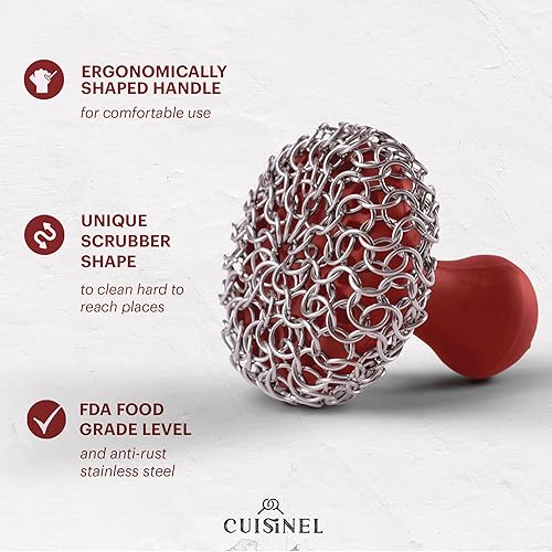 Miniatura 5 de Cuisinel Depurador de correo de cadena de hierro fundido + cepillo de limpieza + raspadores de sartén y parrilla - El mejor kit de limpiador de