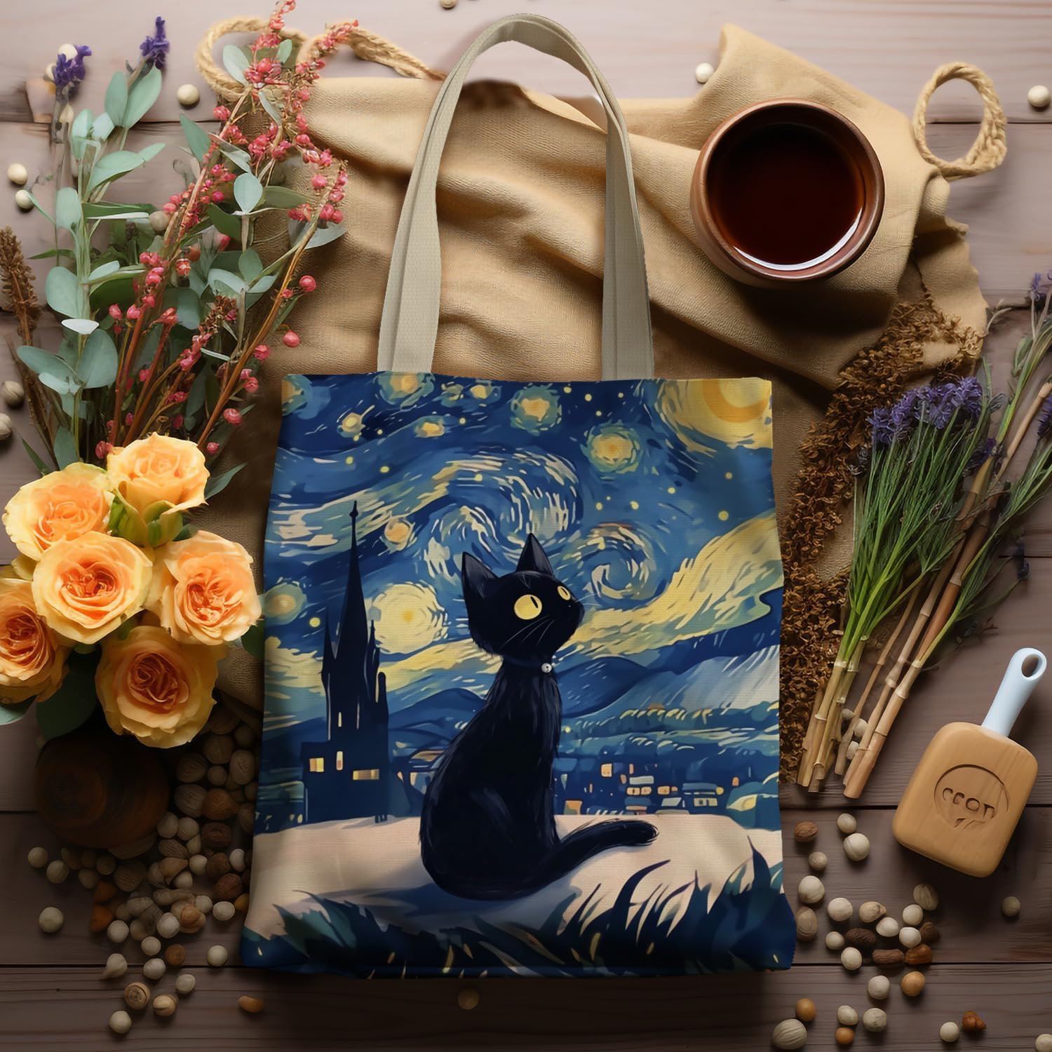 Starry Night Black Cat Tote Bag, Cat Lover Lady Mom Grandma Gifts Canvas Tote Bags for Women, Whimsical Abstract Black Kitten Reusable Grocery Shopping Bags - Image 5
