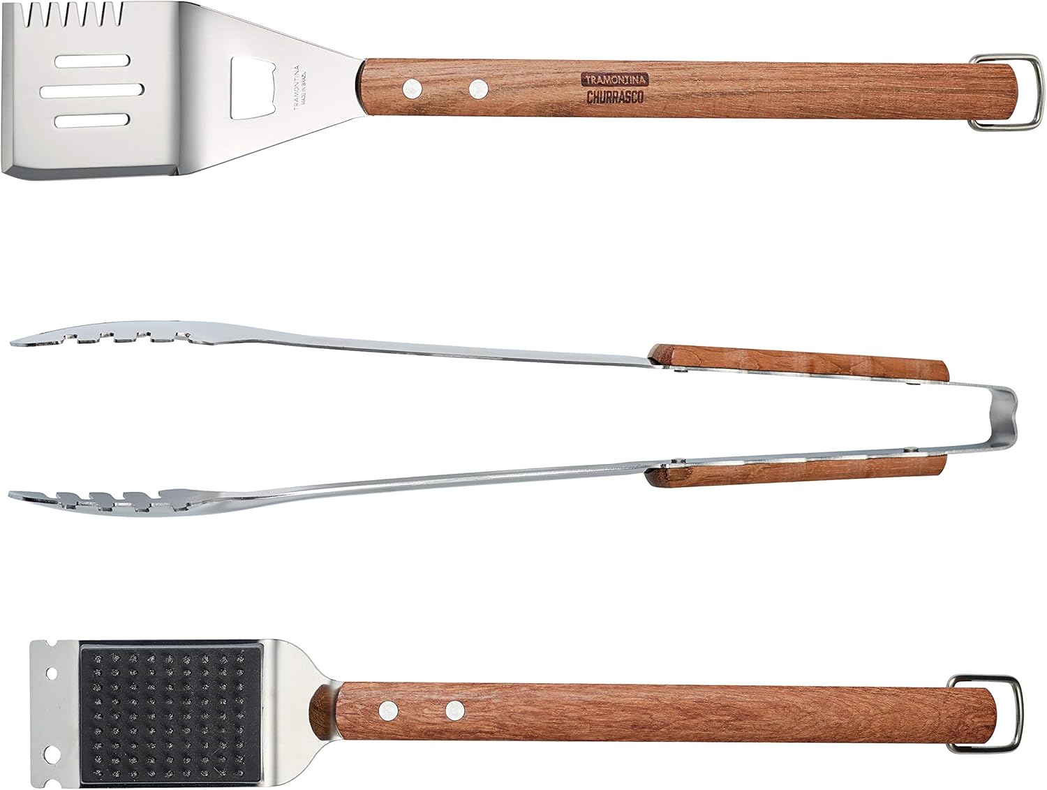 Tramontina 3-Piece Utensils and Tool Set, Stainless Steel Spatula, Meat Tongs and Grill Brush, Utensil Sets with Wood Handles