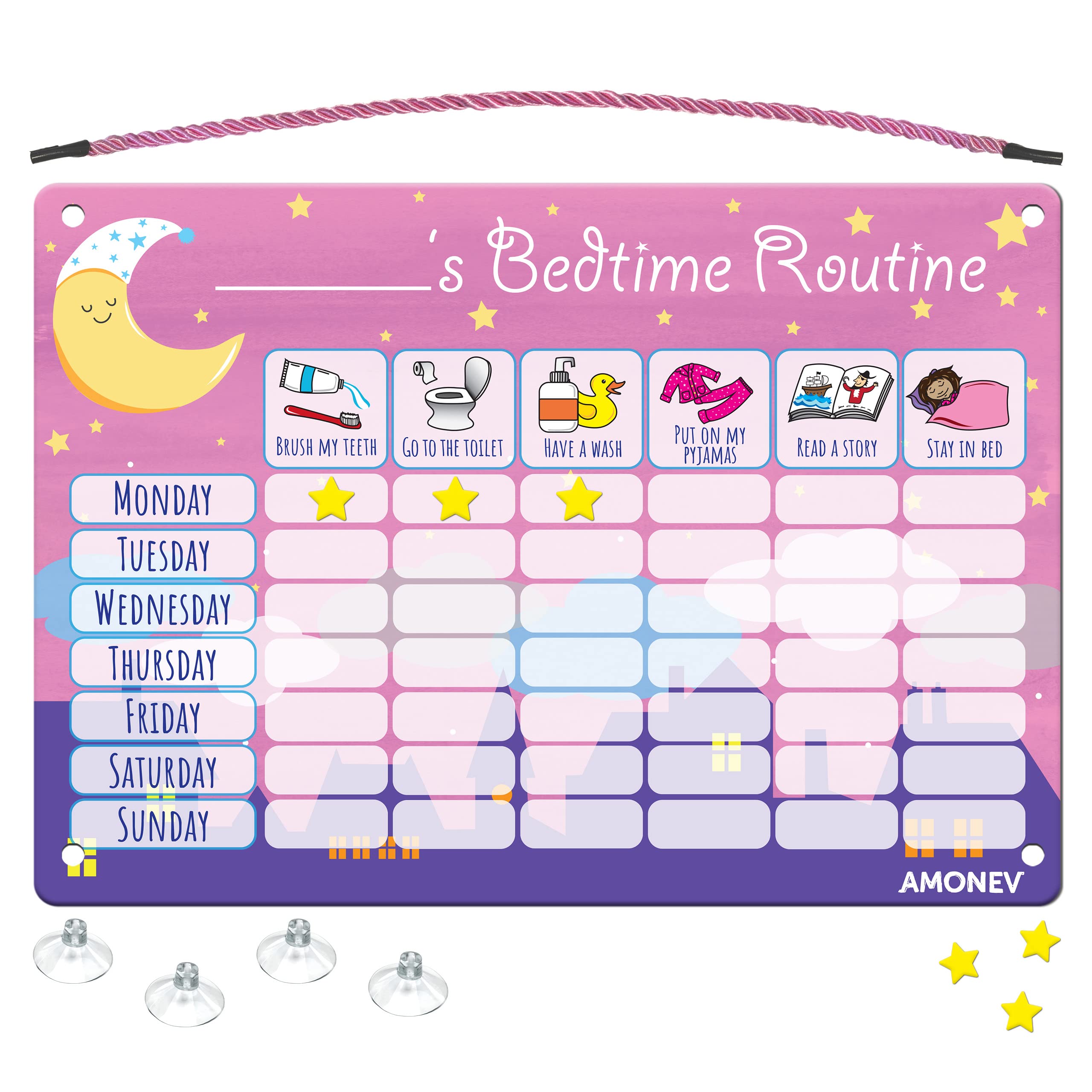Amonev Children's Magnetic Bedtime Routine Reward Chart. Magnetic Sticker Chart. Reusable Wall Chart (Pink)