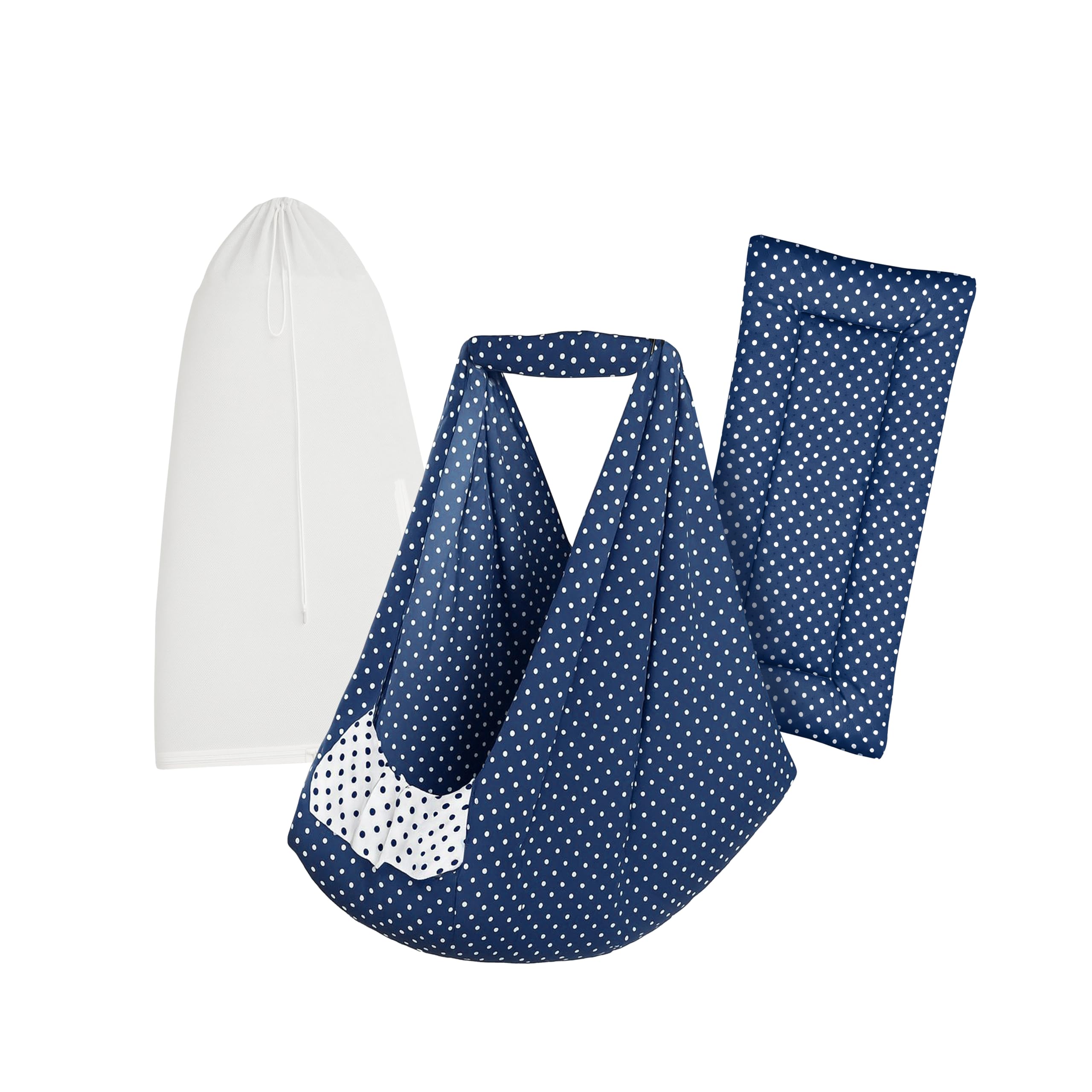 beetot Baby Cradle Set Swing/Jhula (Thottil Cloth, Palna, Dolna) | Hanging Cradle Cloth with Removable Bed and Mosquito Net | Up to 15 kg | Up to 2 Years | CRA-Navy DOT