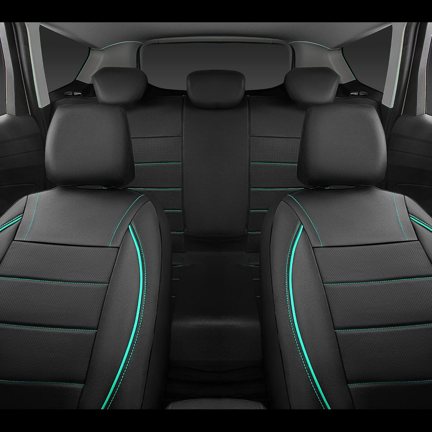  Universal FIT Piping Leather  Seat Cover, for suvs,Van,Trucks,Airbag Compatible,Inside Zipper Design and Reserved Opening Holes (Full Set, Black and Mint) thumbnail