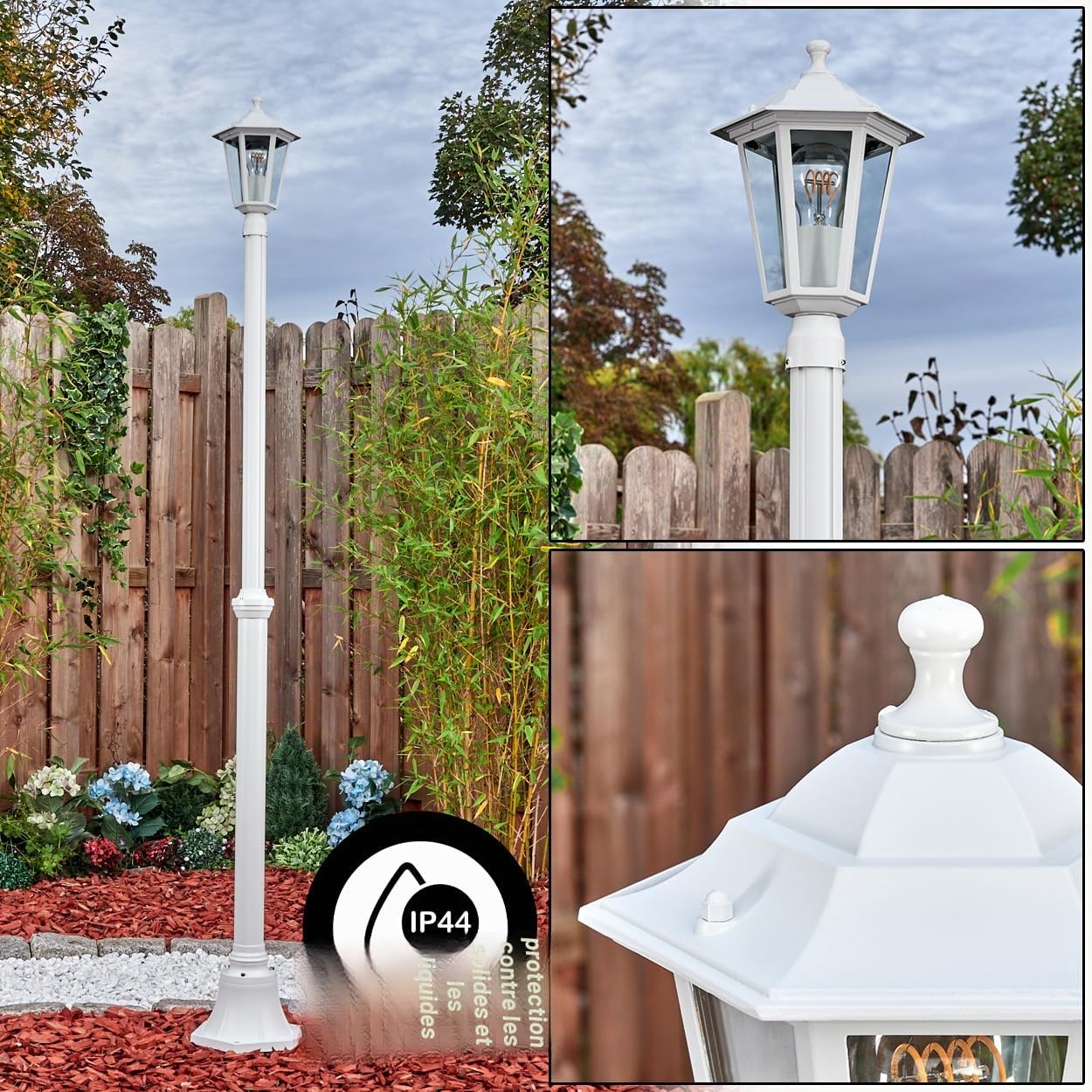 HOFSTEIN Candélabre Loria, éclairage extérieur de chemin en métal/verre blanc/clair, éclairage de chemin au design vintage/antique/rustique pour jardin, extérieur, cour, hauteur 190 cm, 1 x E27, IP44