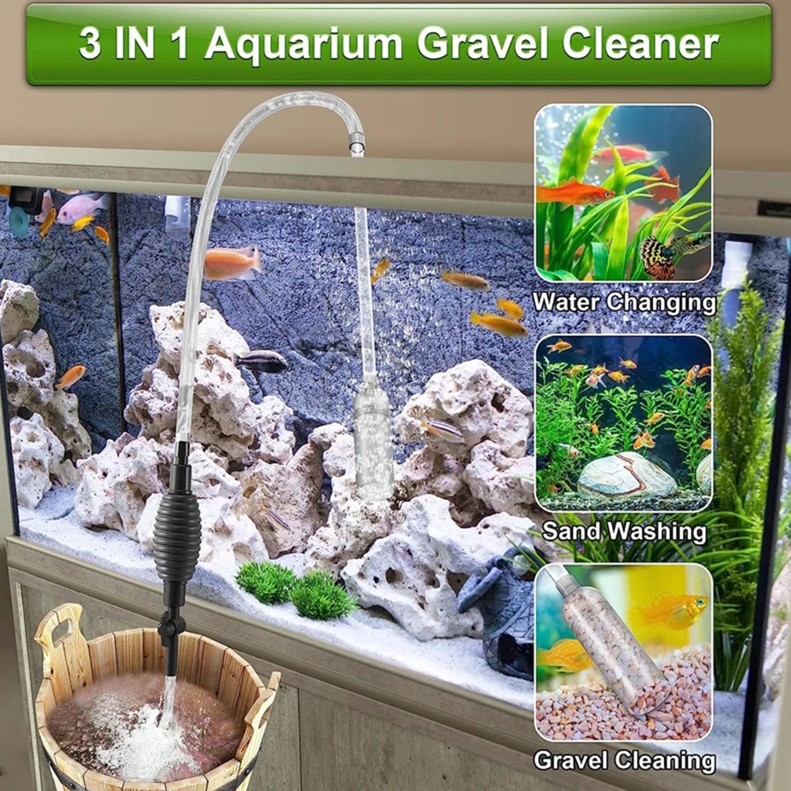 Sifonador Acuario para Cambio de Agua,Sifón Acuario,Cambiador de Agua de Acuario,Cambiador De Agua,Limpiador de acuarios,Con 2 cabezas de succión y pinzas de tubería para limpiar y reemplazar el agua