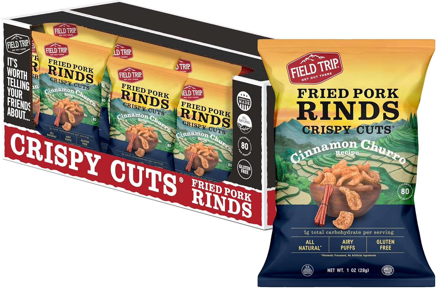 Field Trip Crispy Cuts Pork Rinds, Keto Snack, High Protein, Gluten Free, Low Sugar, Low Carb, Cinnamon Churro, 1oz, 12 Pack