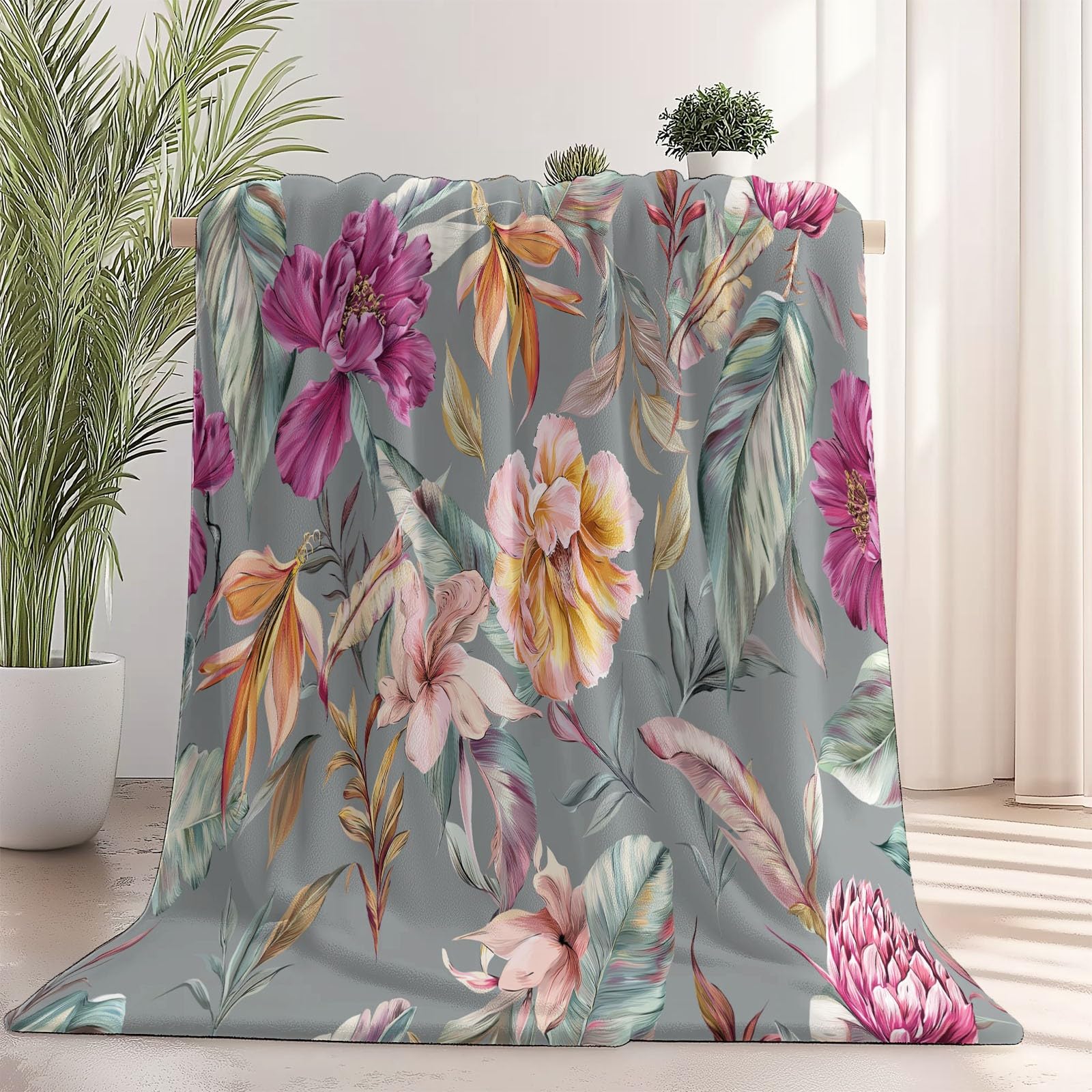 Manta de Franela Suave y cálida para sofá o Cama 220×240 cm, Estampada Acuarela Hojas Exótico Flores, Manta Decorativa Gris, Ideal para el hogar, Dormitorio o Sala de Estar