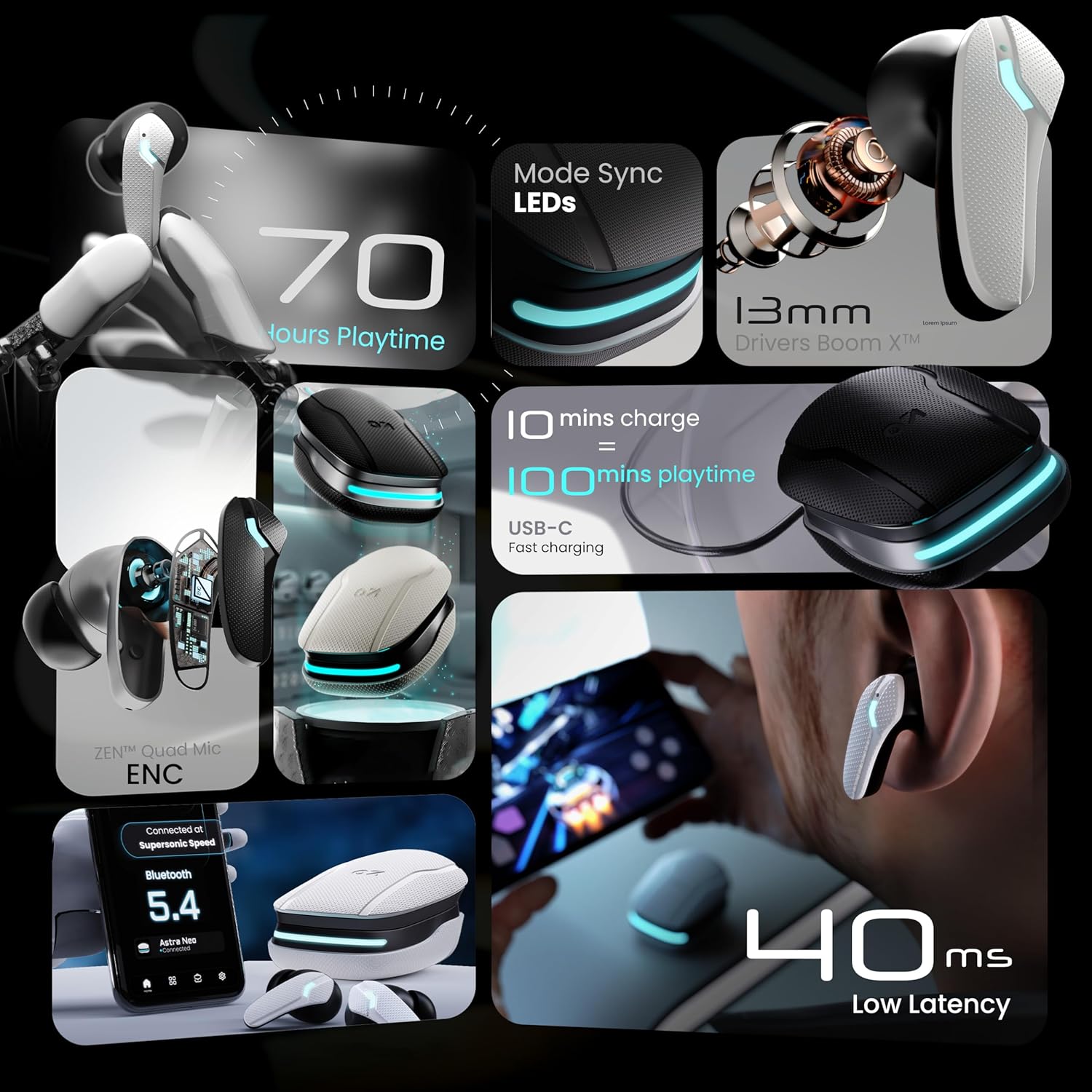 Key features of GOBOULT Astra Neo earbuds including 70 hours playtime, 13mm drivers, fast charging, ENC, Bluetooth 5.4, and 40ms low latency