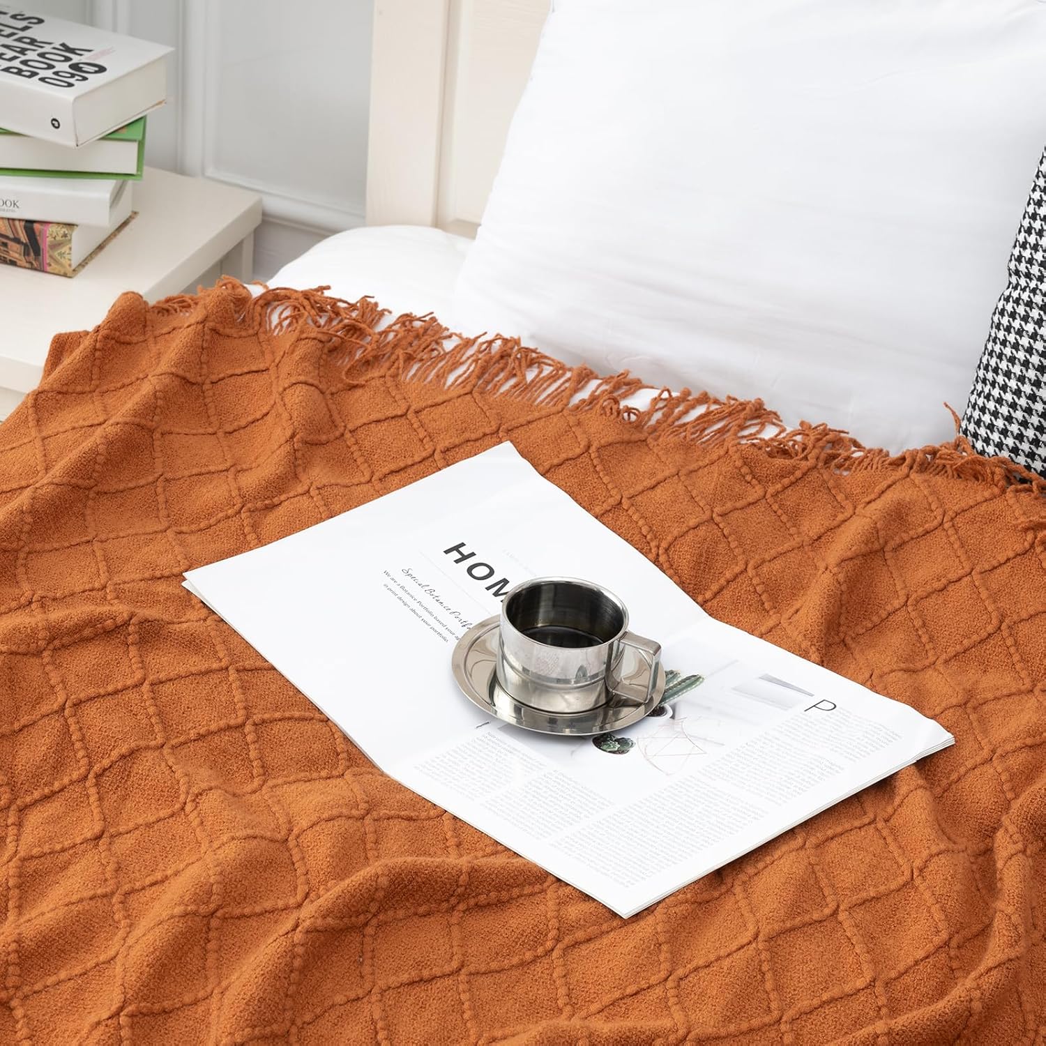 Quinnsus Burnt Orange Fall Throw Blanket for Couch, Soft Lightweight Decorative Acrylic Boho Bed Throw Blankets, Farmhouse Warm Woven Blanket with Tassel for Travel, Sofa, Bedroom(50" x 60") - Image 4