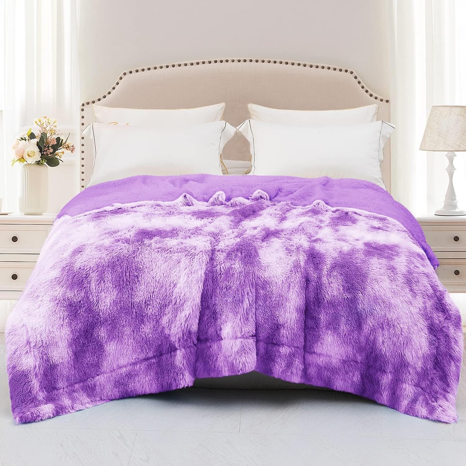 Exclusivo Mezcla Fuzzy Faux Fur Bed Blanket Twin Size, Reversible Shaggy Sherpa Fleece Tie Dyed Blankets, Fluffy Plush Warm Throws for Couch, Bed, 60X80 Inches, Purple