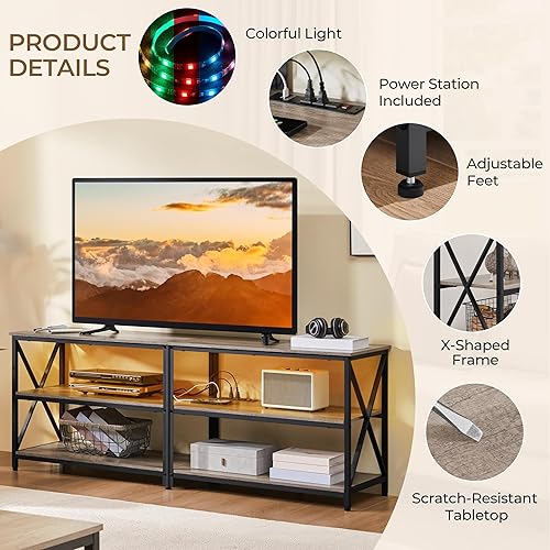 Miniatura 14 de Yaheetech Soporte de TV con toma de corriente, centro de entretenimiento industrial con luces LED para TV de 65 pulgadas, consola de TV de 3 niveles