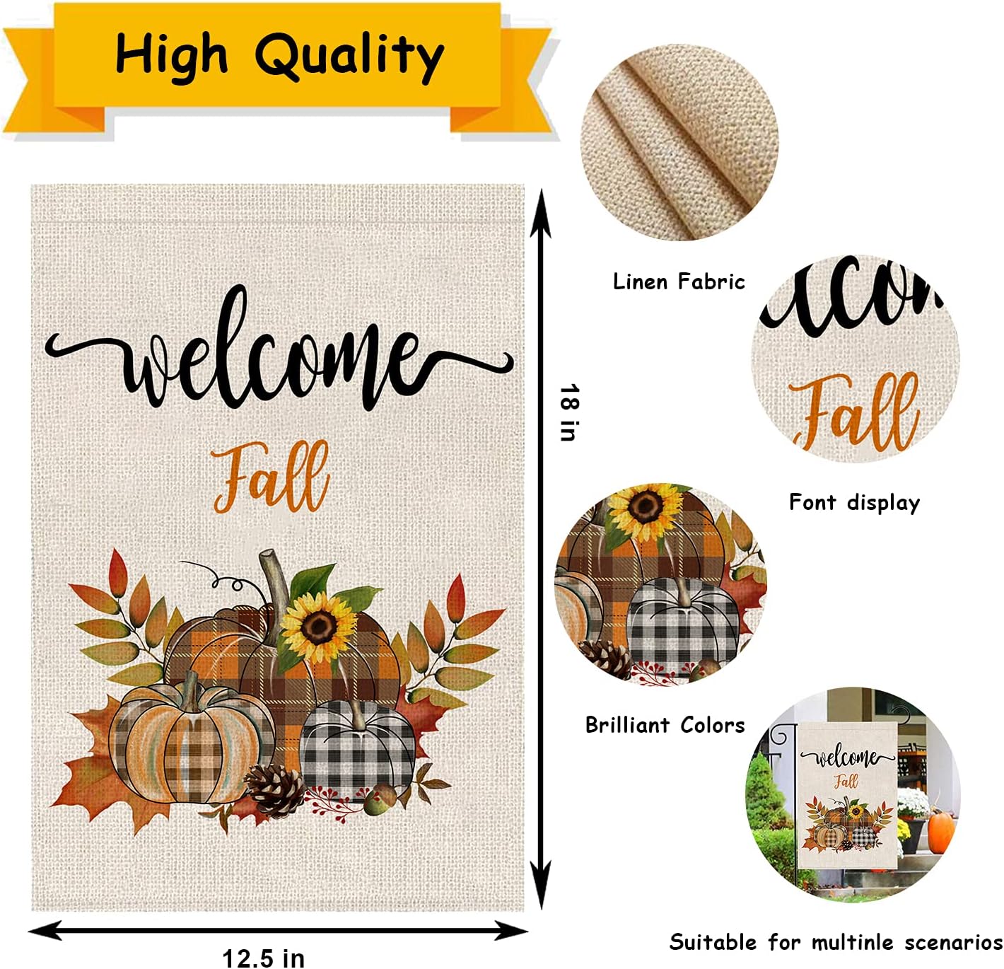 Welcome Fall Garden Flag Buffalo Plaid Pumpkin sunflower flags banners Small Burlap Double Sided Flag 12*18 Inch Outdoor Decoration : Patio, Lawn & Garden