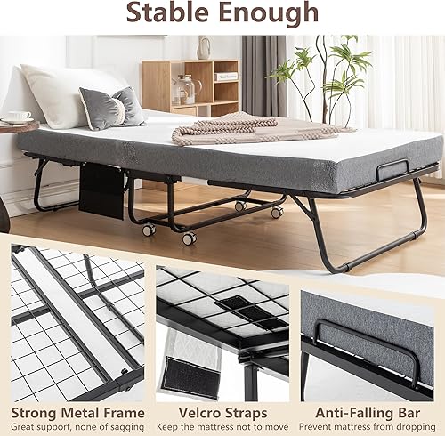 Miniatura 4 de Catre plegable con colchón de espuma viscoelástica, marco de metal de 75 x 38 pulgadas con ruedas, cama plegable que ahorra espacio, color negro