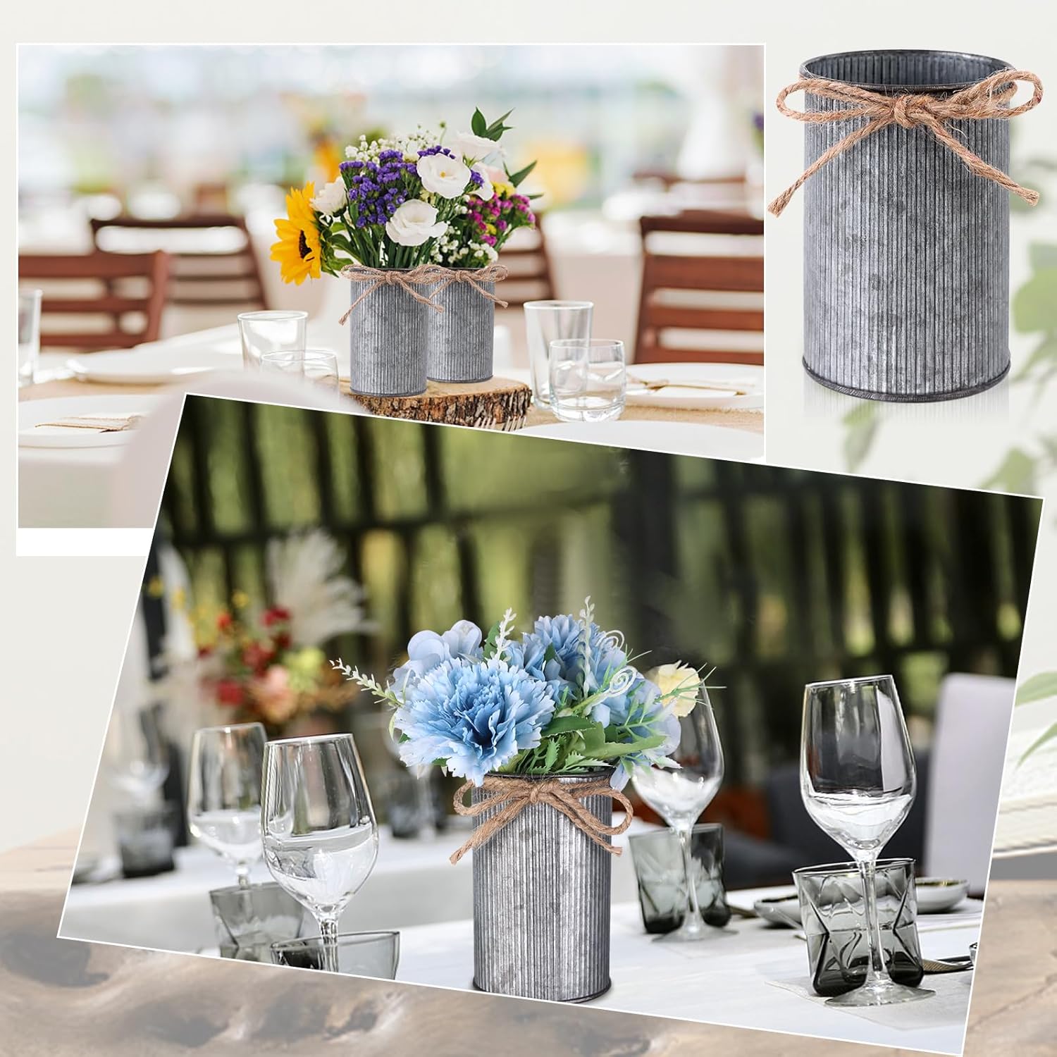 16 Pcs High Farmhouse Iron Vases with Twine, Rustic Grey Metal Vases, 4.33" Cylindrical, Perfect for Table Centerpieces, Home Office, Bedroom, Dining Room Decoration