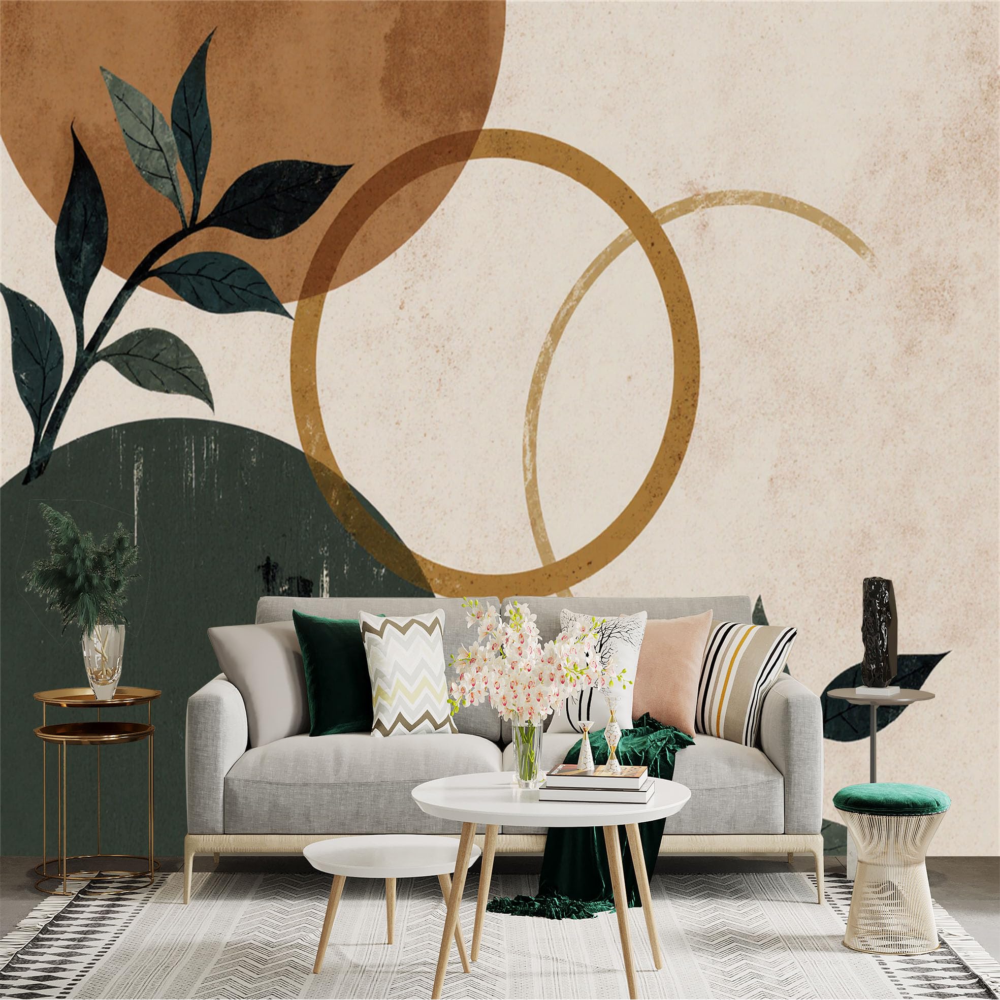 Custom Size Wall Sticker Mural， Minimalist Abstract Shapes with Botanical Leaves， Earth Tone Geometric Art， Modern Home Decor， for wall Decoration， peelandstick wall Decals.