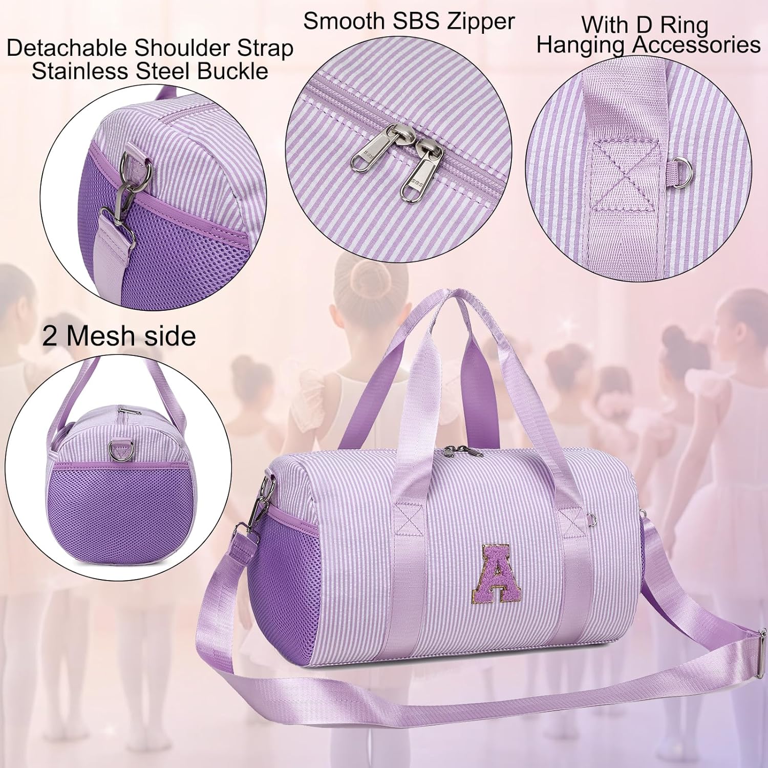 Initial Dance Bag Personalized Girl Gym Bag Kid Gymnastics Bags Weekender Ballet Bags Toddler Travel Duffle bag with Adjustable Straps for 4-8 Years Old(Purple-E) - Image 5