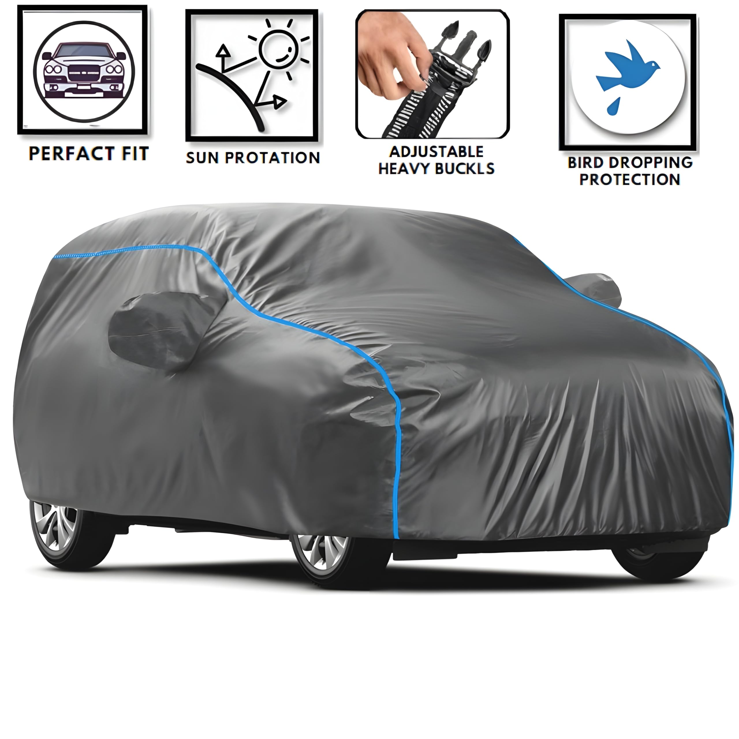 FAVY All-Weather Proof Car Cover for Hyundai Creta | UV, Dust, Scratch, and Water Resistant | Mirror Pockets | Triple-Stitched Design | Windproof Buckle Strap | Elastic Bottom for Secure Fit 2