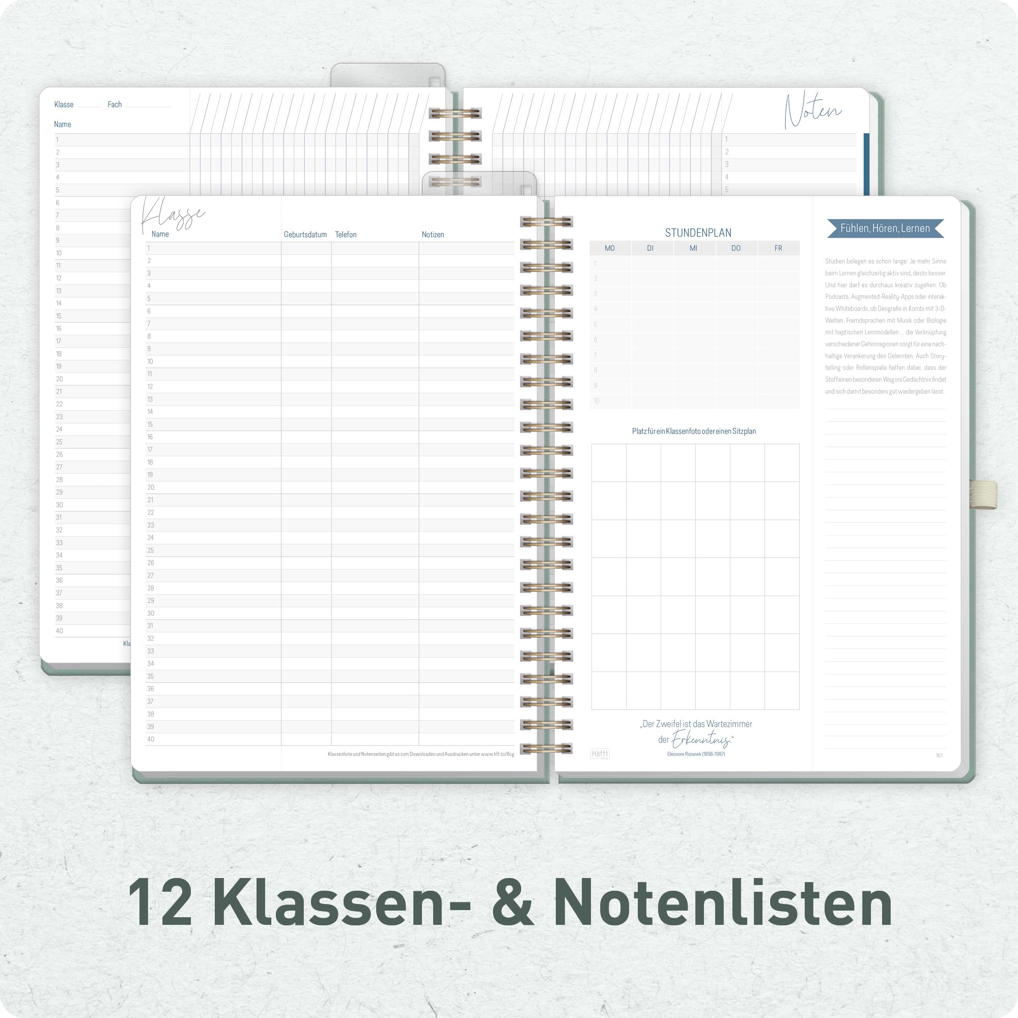 Häfft® Lehrerplaner 2026/2027 A4+ Deluxe – Großer Lehrerkalender & Schulplaner 26/27 mit Leinen-Einband & Spiralbindung "Green Canvas" – Für Grundschule, weiterführende Schulen & Referendariat
