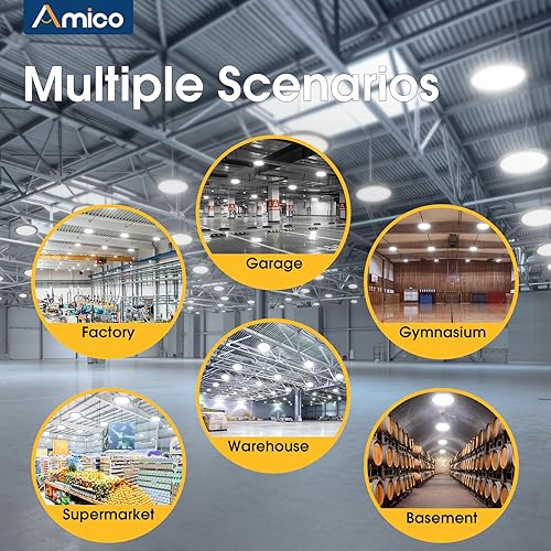 Miniatura 7 de Amico Paquete de 10 luces LED UFO de 200 W, 28,000 lm, 5000 K, luces LED de alta bahía con gancho de EE. UU. con certificación UL, cable de 5 pies