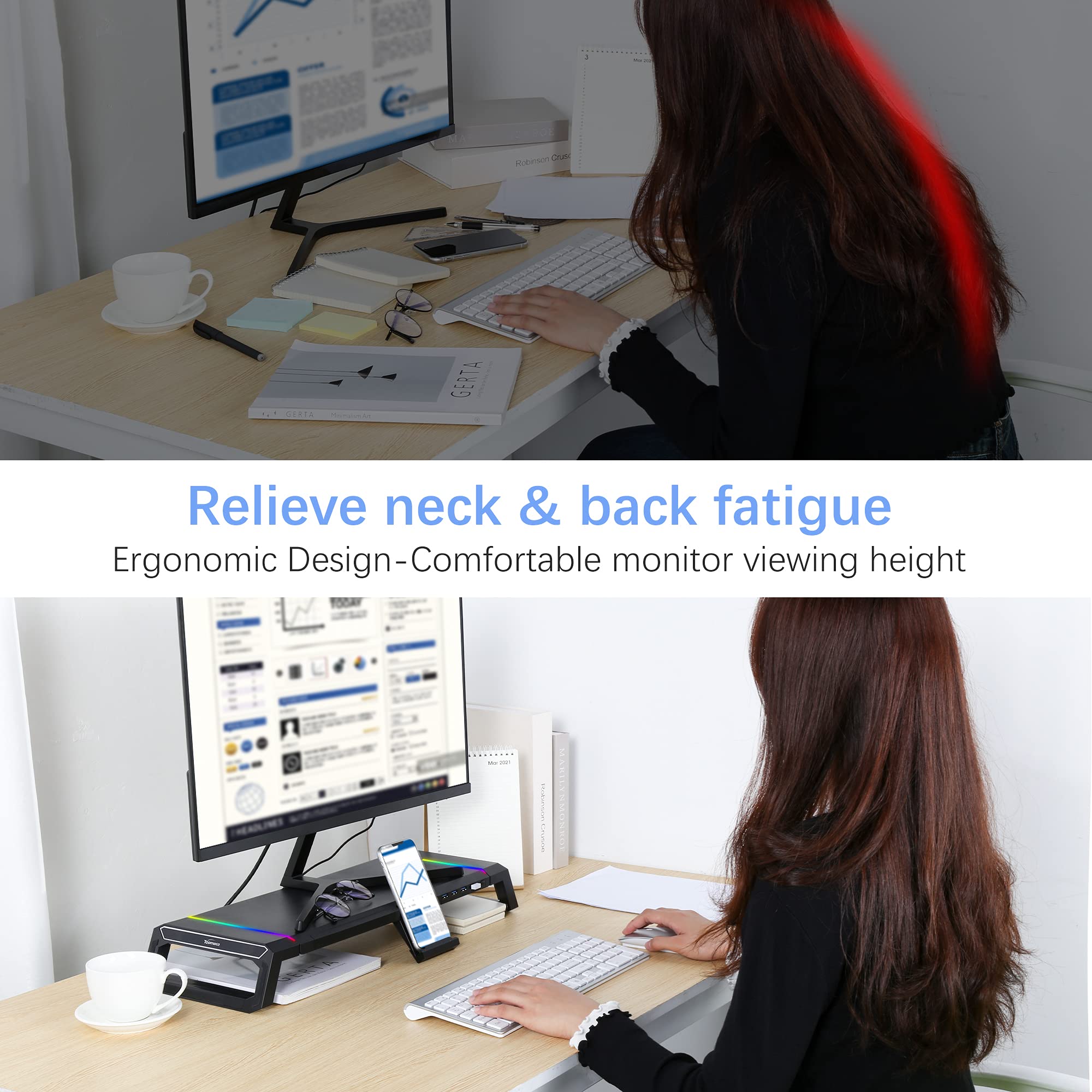 Monitor Stand for Desk RGB Gaming Lights with 4 USB 3.0, TopMate Foldable Computer Screen Riser