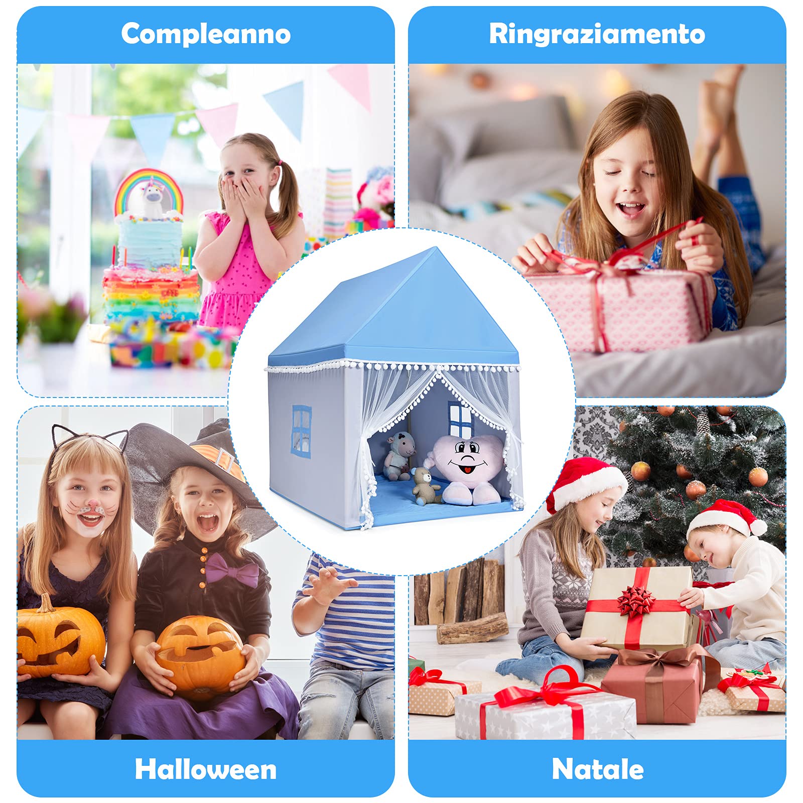 GYMAX Tenda per Bambini, Castello Giocattolo con Materasso Lavabile e Struttura in Legno Massello, Casetta per Bambini da Interno ed Esterno, Regalo di Compleanno o Natale (Blu)