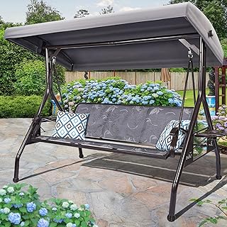 3 Person Patio Swing Outdoor Swing for Adults with Adjustable Canopy &Up...