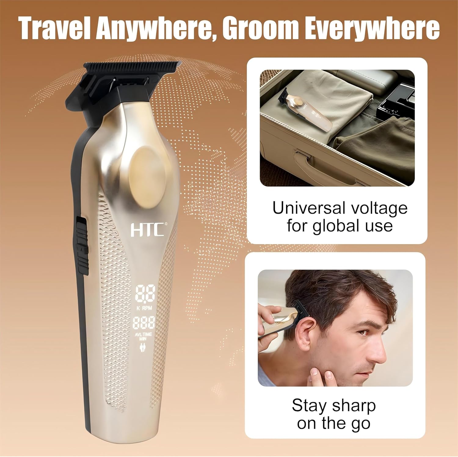 HTC Hair Trimmer with LED Display, Butterfly Wing Design, Precision Trimming with Durable Ceramic Blade for Home, Salon-Grade Grooming (Champagne Gold) - Image 6