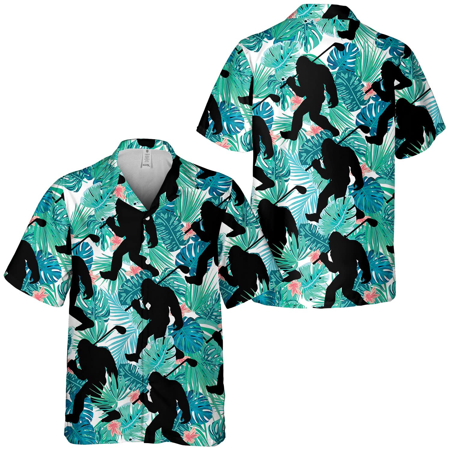 MOOLEY Funny Bigfoot Golf Tropical Hawaiian Shirt for Men, Summer Aloha Button Down Shirt, Tropical Short Sleeve Shirt for Men