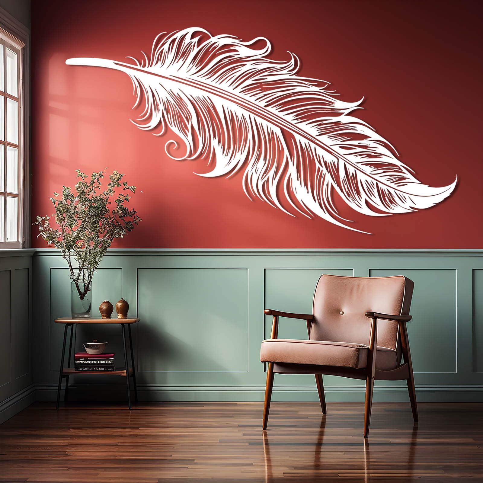 Metalowa dekoracja ścienna z piórami, duża metalowa dekoracja ścienna z piórami w stylu boho rustykalnym, czarna dekoracja ścienna do salonu, sypialni, korytarza i schodów, naturalny wy
