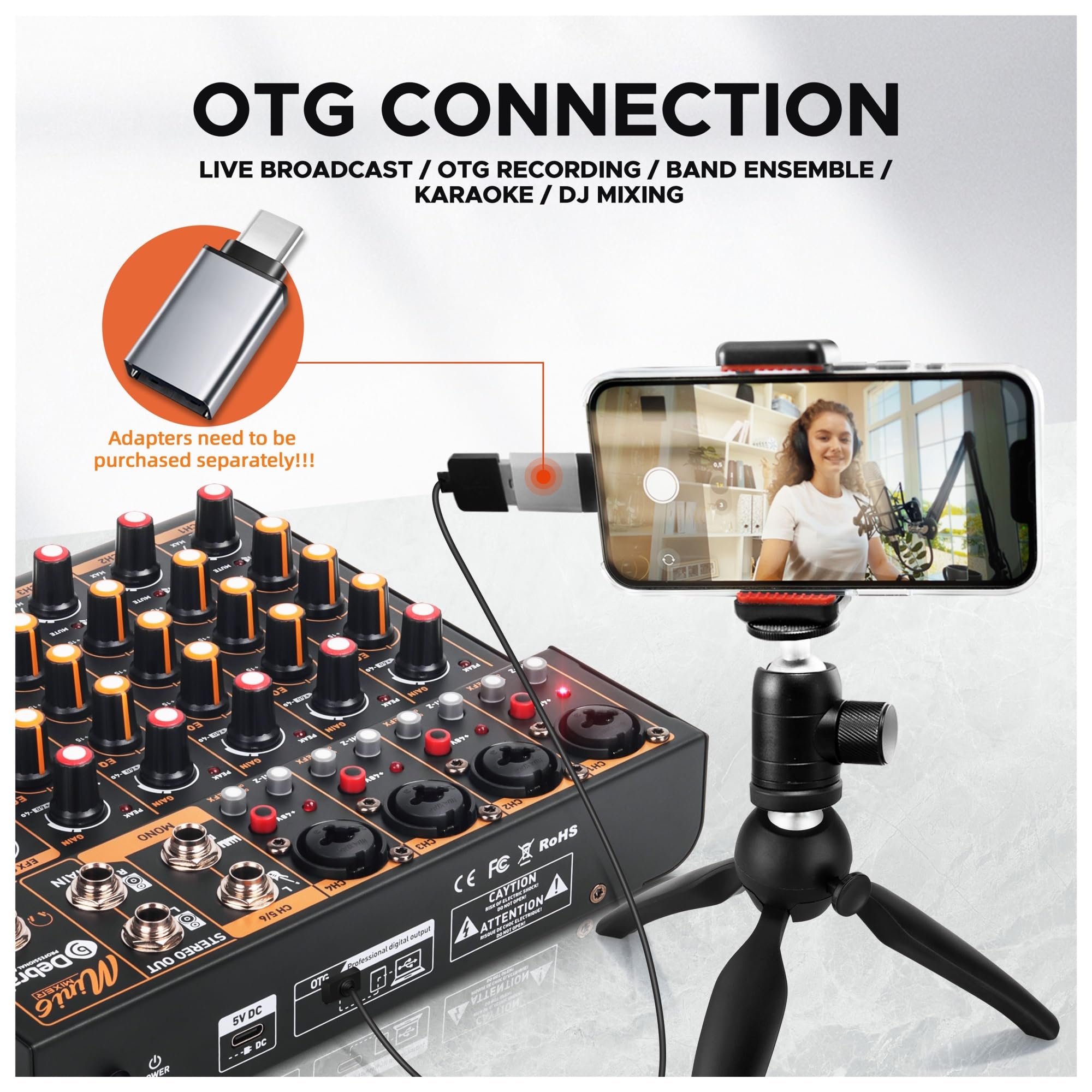 Mixer per DJ, OTG Metal Mixer DJ Console Mini6 con Bluetooth 48V Power Delay Repeat Effect for la Registrazione di Console di mixaggio su PC(Mini6 OTG)