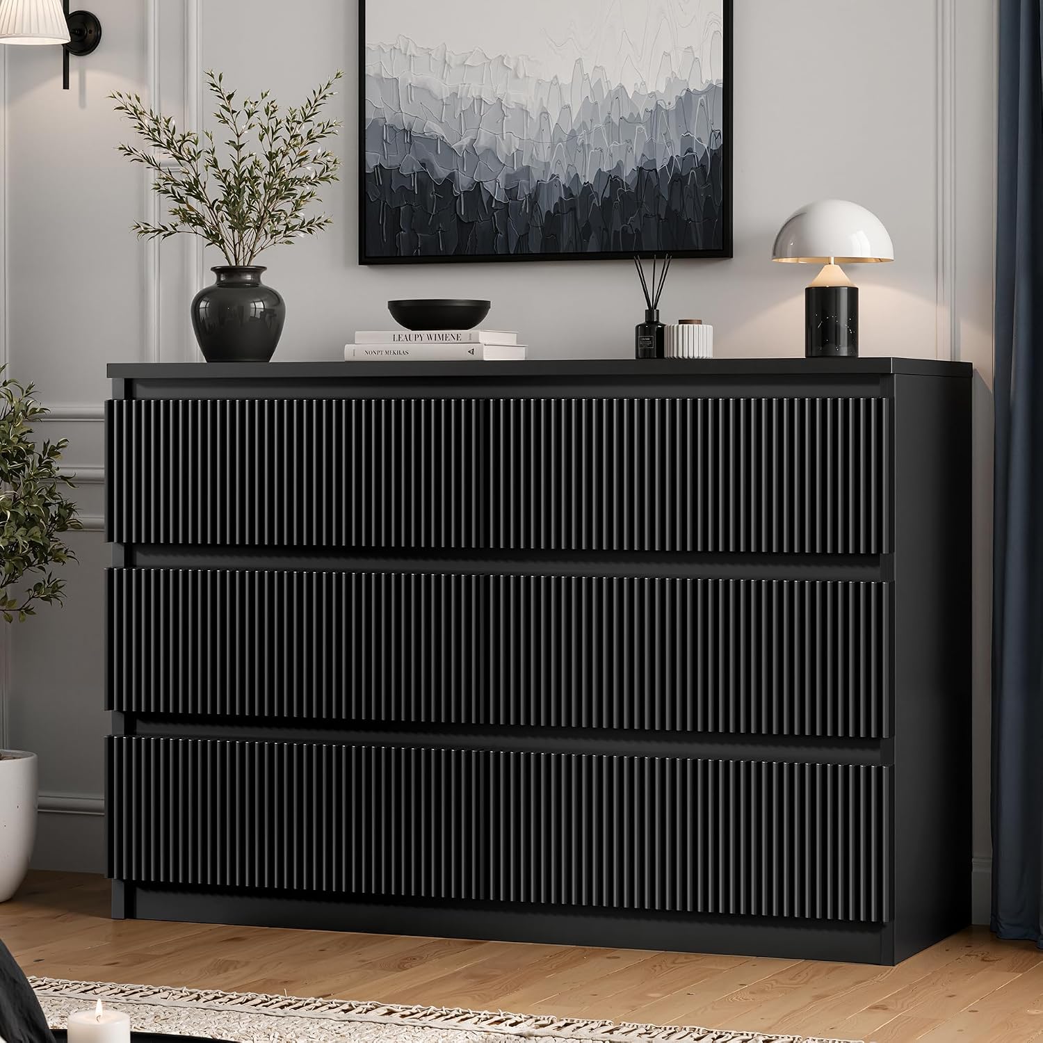 Jocoevol 6 Drawer Fluted Dresser, Modern Chest of Drawers for Bedroom with Hidden Handles, Wood Storage Organizer Cabinet for Living Room & Entryway, Black (15.7" D x 47.3" W x 31.6" H)