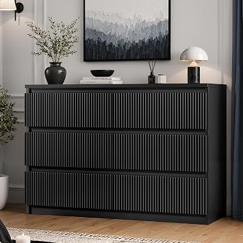 Jocoevol 6 Drawer Fluted Dresser, Modern Chest of Drawers for Bedroom with Hidden Handles, Wood Storage Organizer Cabinet for Living Room & Entryway, Black 15.7" D x 47.3" W x 31.6" H