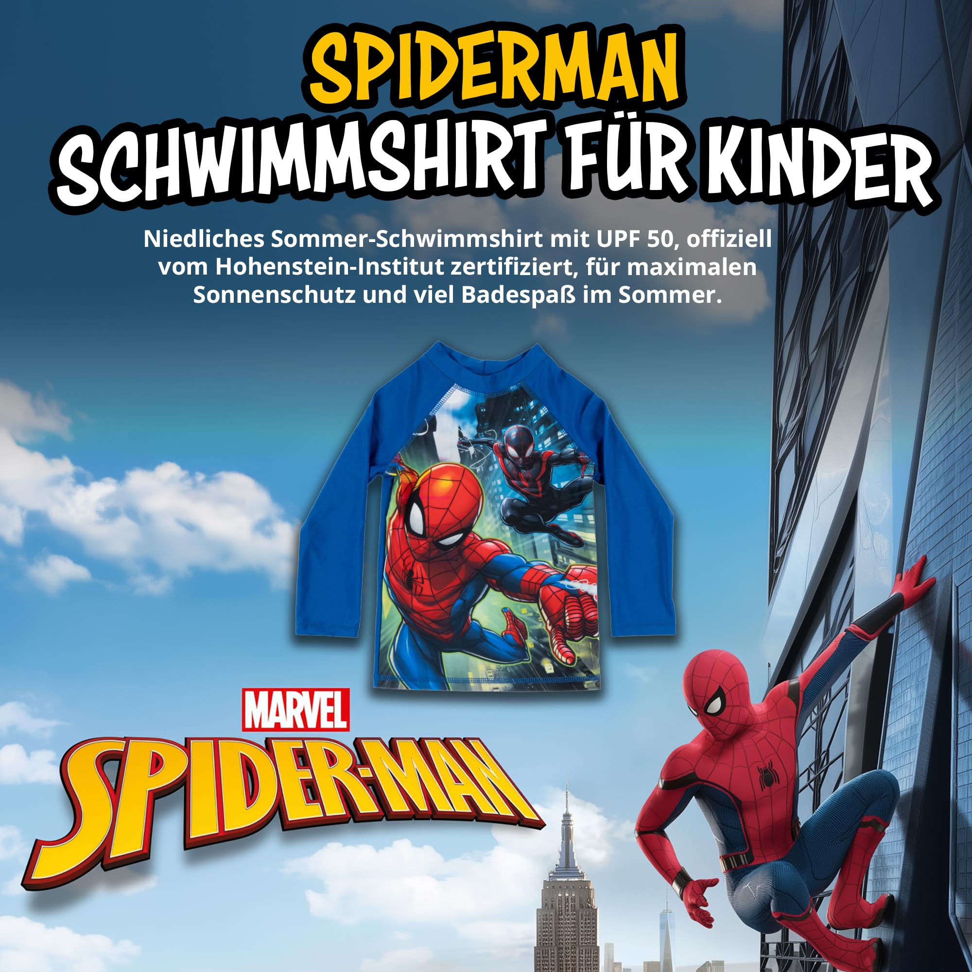 United Labels Marvel Spiderman Schwimmshirt UV Schutz 50 für Jungen, Blau, Badeshirt Langarm, Bademode Kinder, Badebekleidung