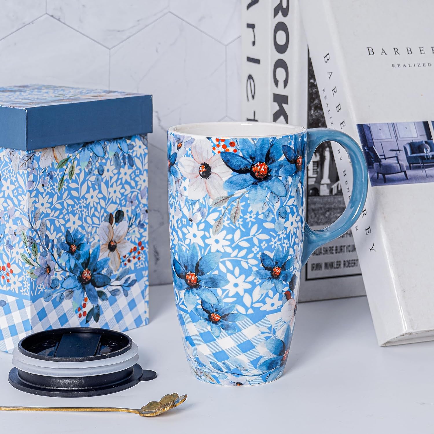 DUSVALLY Ceramic Tall Coffee Mug, Friends Coffee Cup Gift Set, Travel Mug with Lid for Office and Home, Unique Gifts for Women and Man, Flower Mug, Color Box, 17oz Large Cup, Blue - Image 2