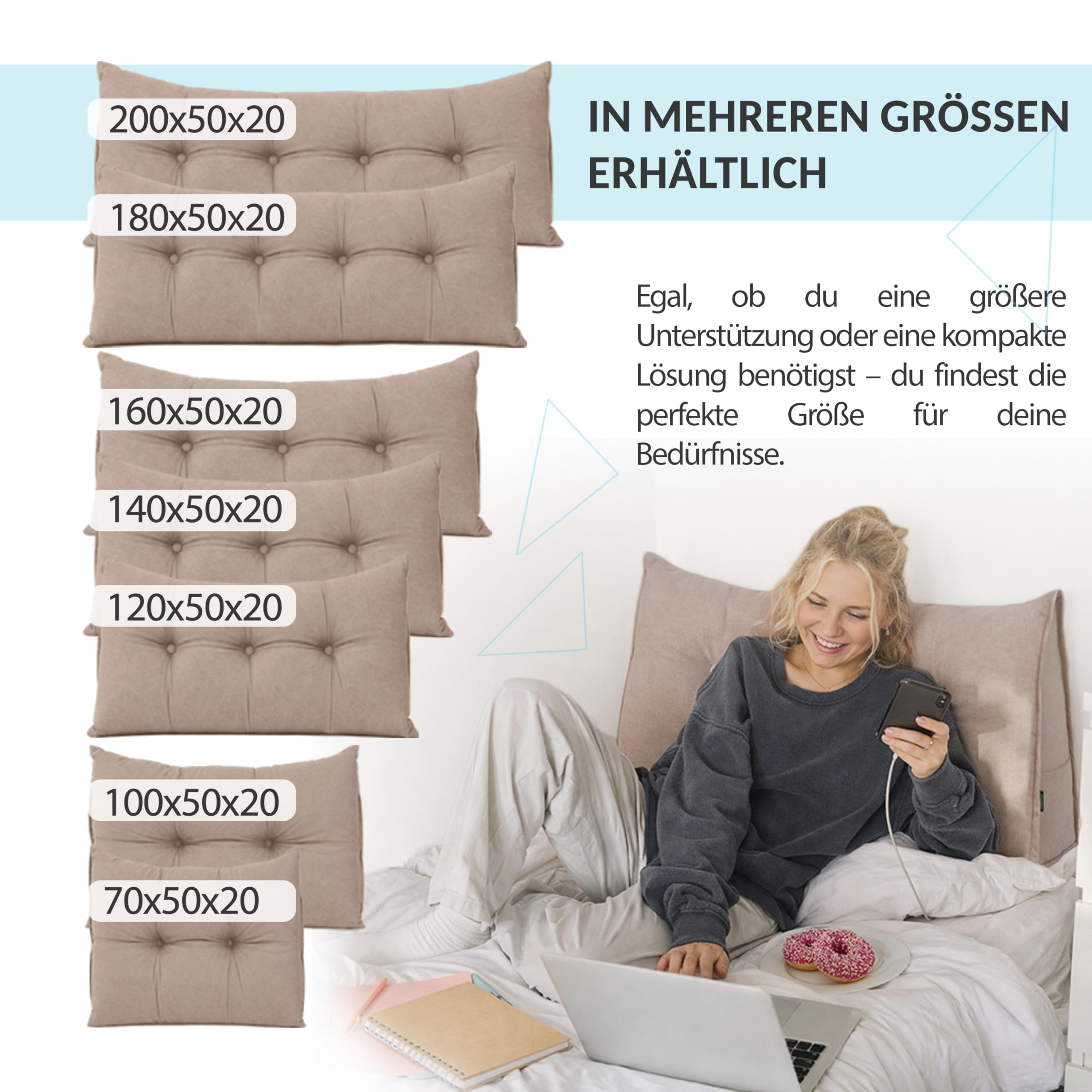 POKAR Rückenkissen 180x50x20 cm | Lesekissen für Bett und Sofa | Großes Keilkissen als Sofakissen für Rückenlehne | Wandkissen mit praktischen Seitentaschen | Oeko Tex 100 Zertifiziert | Grau