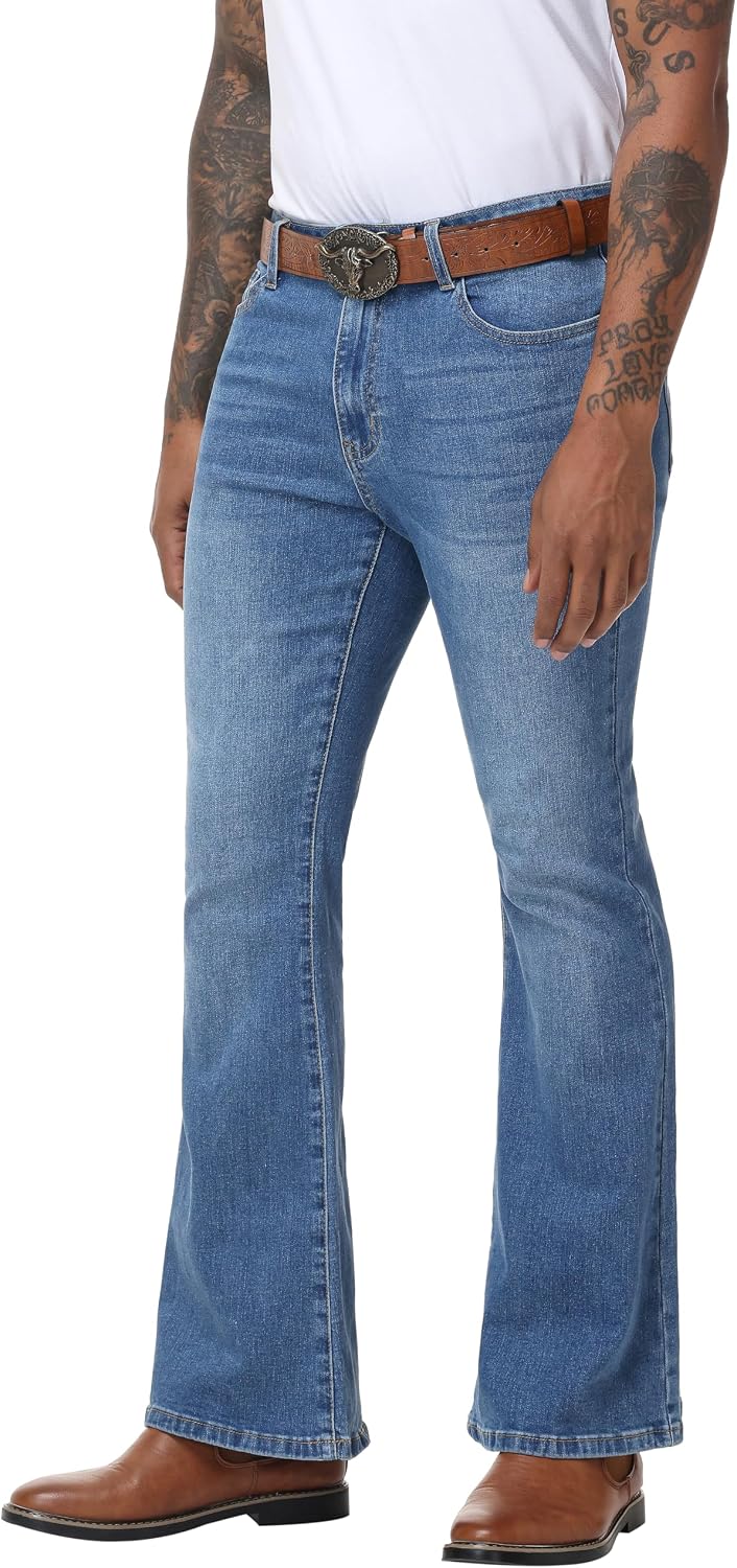 Men's Flared Jeans Slim Fit Bell Bottom Denim Pants - Stretch 70s Vintage Disco Style Cowboy Jeans for Festival Outfits