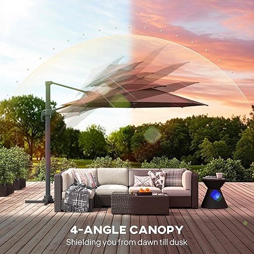 Miniatura 5 de Outsunny 11ft Cantilever Patio Umbrella with Base, Double Top Hanging Aluminum Offset Umbrella with 360 Rotation, Easy Tilt, 8 Ribs, Crank, Cross