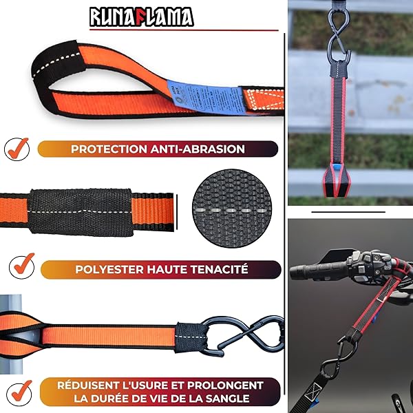 RUNAFLAMA - Sangle Arrimage Moto Remorque - Petite Sangle Moto pour Anneau Arrimage, Guidon et Cadre - Résistance 2400 kgf - Lot de 4 en 45 cm Orange avec Sac + Bande Auto-Agrippante - 3
