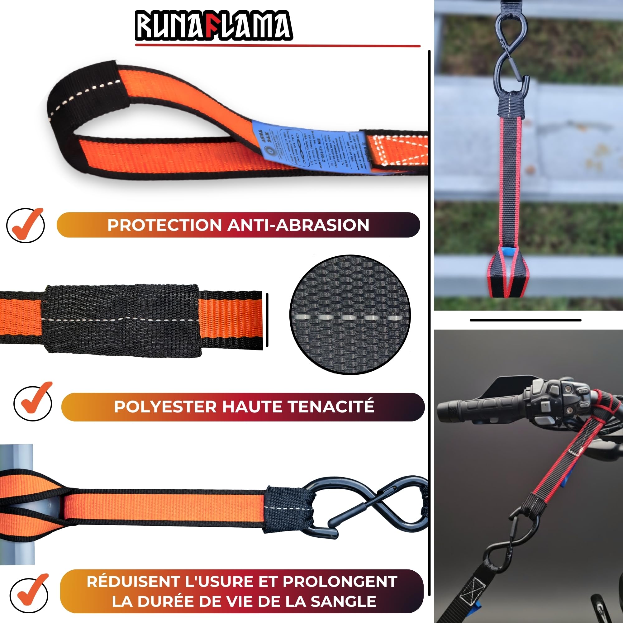 Motorcycle Trailer Lashing Strap - Small Motorcycle Strap for Tie Down Ring, Handlebar and Frame - Resistance 2400 kgf - Set of 4 in 45 cm Orange with Bag + Self Gripping Band - 4