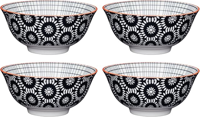 KitchenCraft Set of 4 Glazed Stoneware Bowls with Monochrome Daisy Pattern, Black & White Ceramic Bowls with Footed Base, Microwave & Dishwasher Safe, 15.7 cm (6") POKCBOWL33