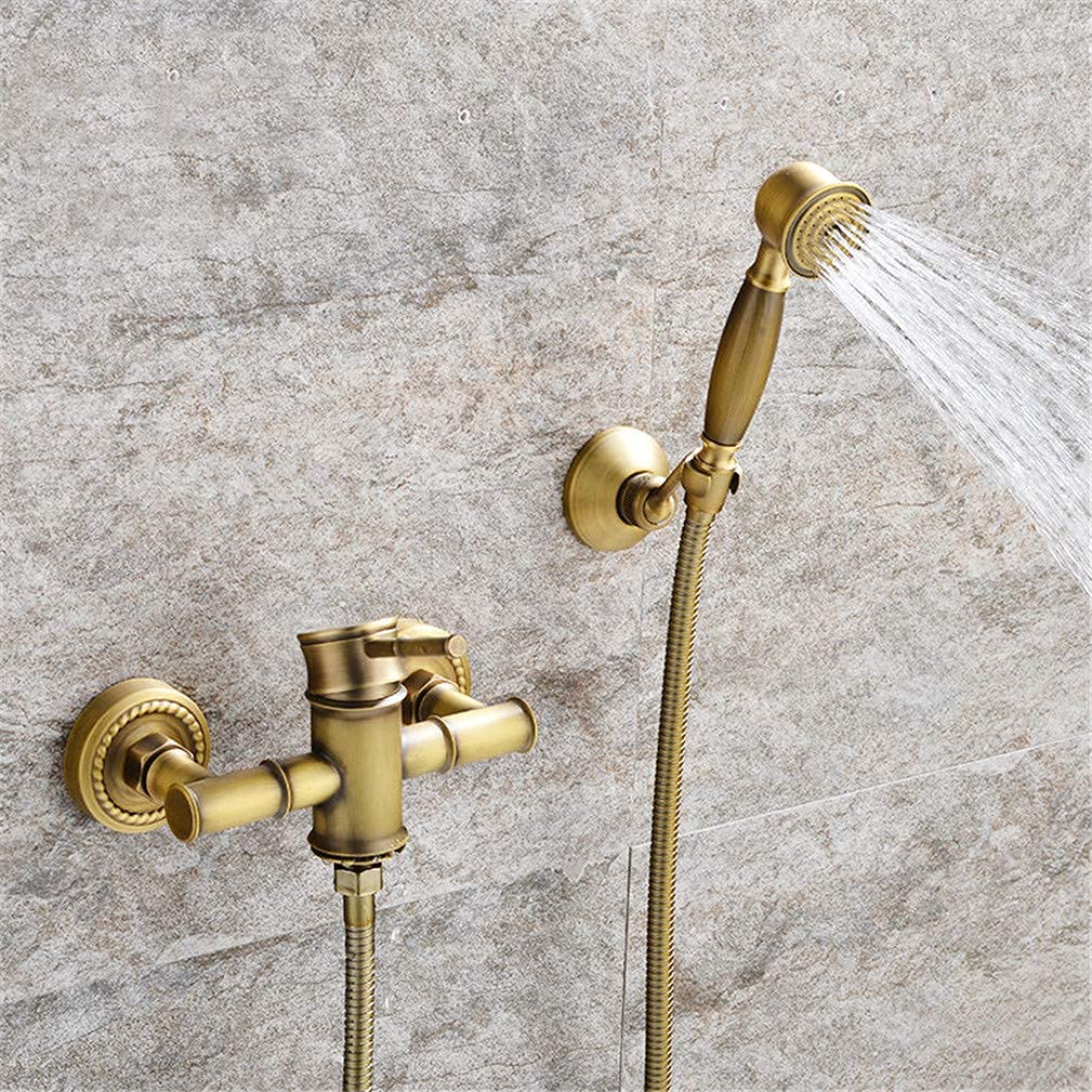 CWCQGH Bathroom Bamboo Bath Shower Faucets Set Bathtub Faucet Water Mixer Crane Tap Antique Brass Finished with Hand Shower Retro Style,Antique Without Spout,Antique Without Spout