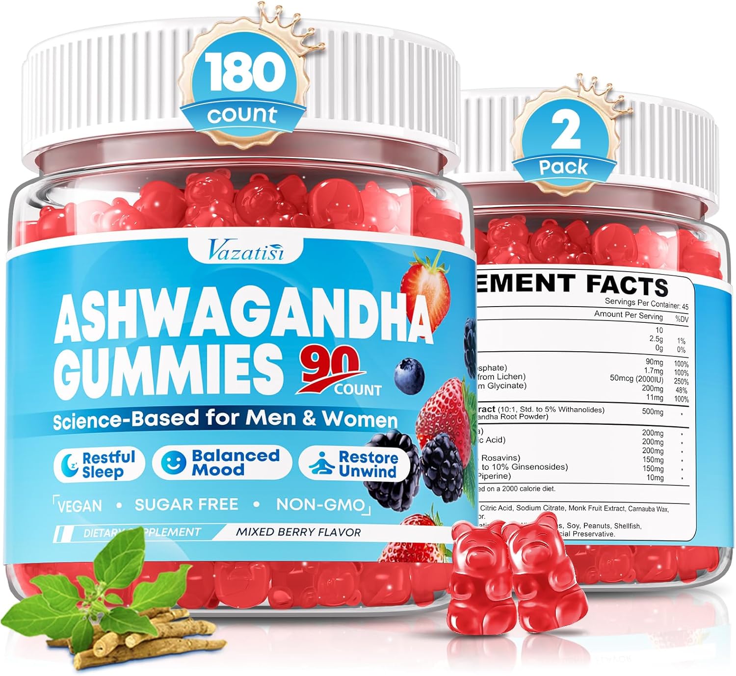 Ashwagandha Gummies for Women & Men - 180 Count - Ashwagandha Supplements with L-Theanine, GABA, Magnesium, Zinc & Vitamin D3, Non-GMO, Sugar Free & Gluten Free