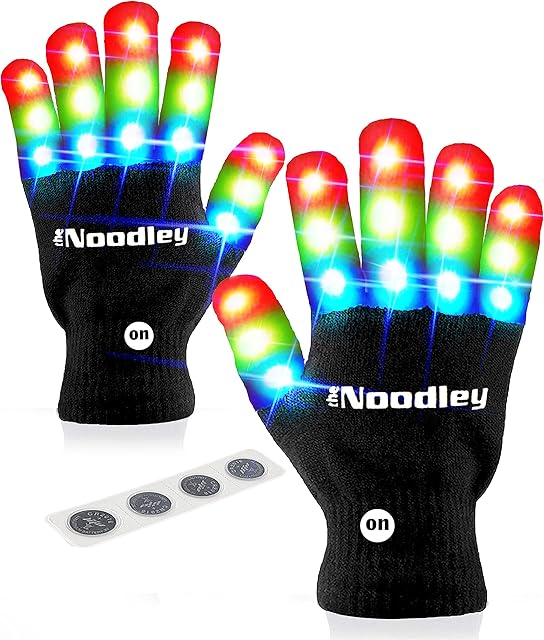 The Noodley Flashing LED Light Gloves Kids and Teen Sized with Extra Batteries Finger Toy Cosplay Halloween Costume Accessory Boys and Girls - Ages 8-12 (Medium, Black)