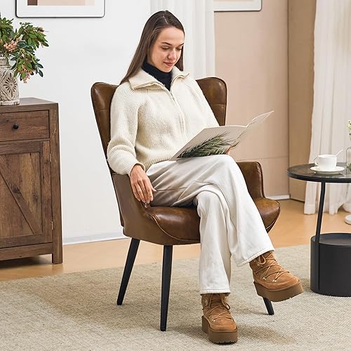 Miniatura 4 de Furniliving Silla decorativa de piel sintética para sala de estar, silla de lectura tapizada con respaldo alto, sillón acolchado con respaldo alado