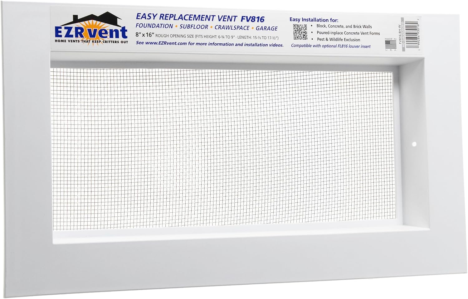 FV816-8H-BG Easy Replacement Vent, 8x16 Foundation Crawlspace and Garage, Galvanized Steel Mesh (Black Graphite)