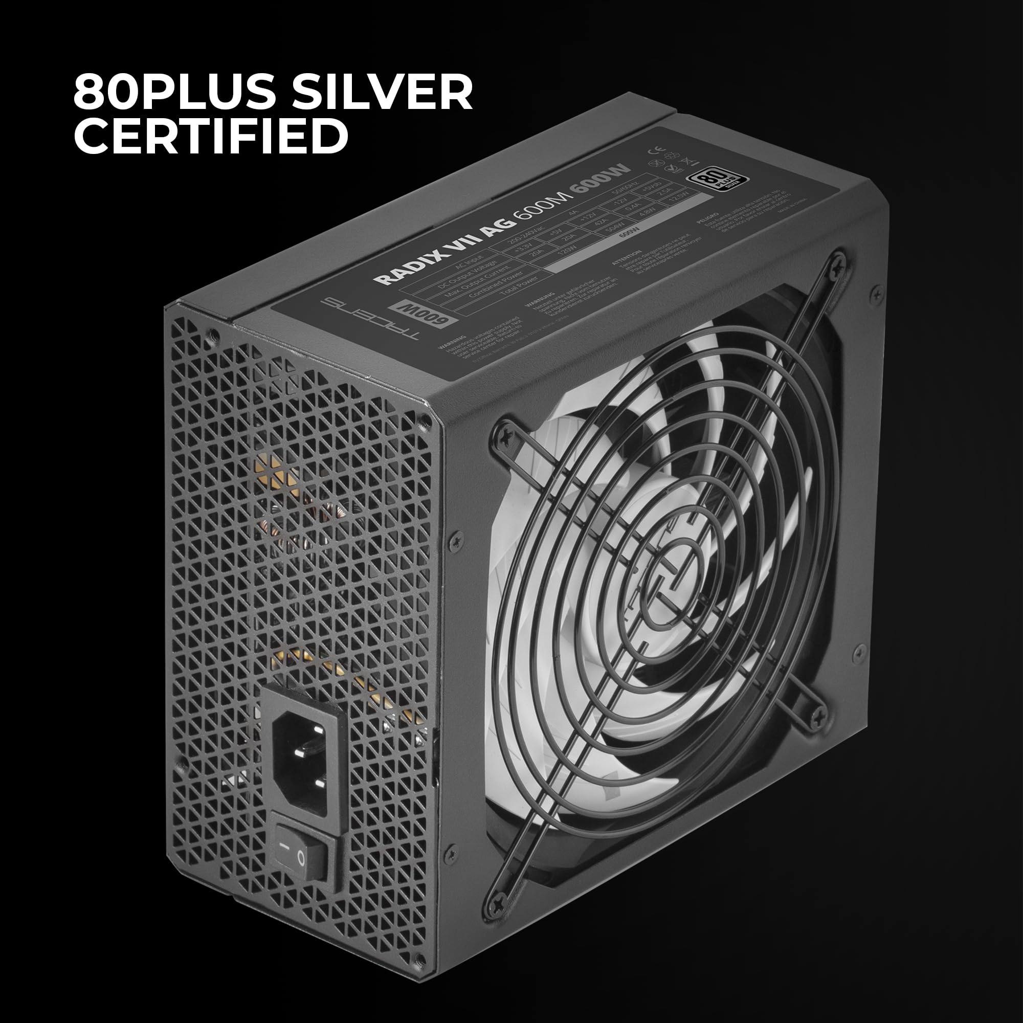 Tacens RADIX VII AG 600, Alimentatore Full Modulare 600W ATX, 10 Anni Garanzia, 80Plus Silver, +87% Di efficienza, Ventola FDB da 140 mm con Tecnologia AI-RPM, Condensatori Giapponesi da 105º, Nero