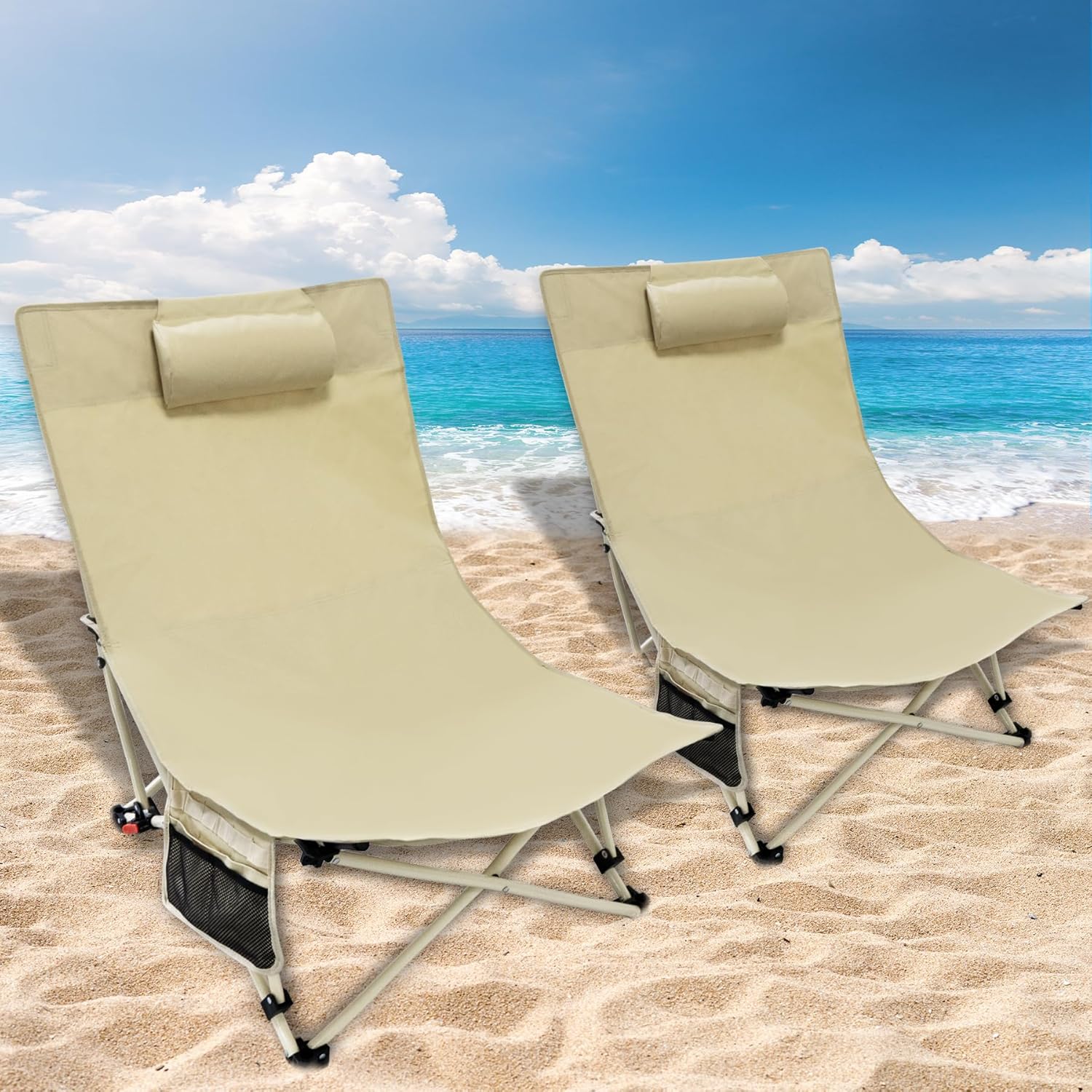 Beach Chair 2 Pack, 5 Positions Textilene Folding Reclining Beach Chair with Backpack Straps, Cooler Bag & Cup Holder for Outdoor Lawn Camping Khaki