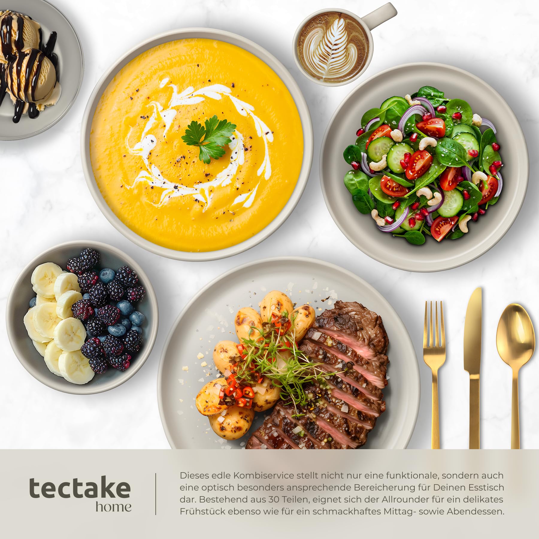 tectake® Küchenstarterset 6 Personen, Steingut Geschirr Set, Teller, 3 Pfannen, 2 Töpfe, rostfreies Aluminium, Kochtopf Set, Töpfe Set, kratzfest, inkl. 5 Küchenwerkzeuge - taupe/weiß, 46-tlg.